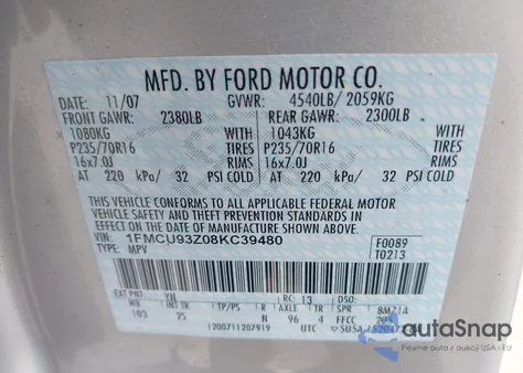 2008 Ford Escape Xlt from USA, damaged, VIN 1FMCU93Z08KC39480